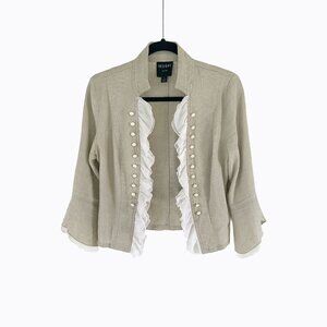 Victorian Linen Neutral Jacket 4 Bell Sleeve Open Front Ruffle Pearl Accent Poet